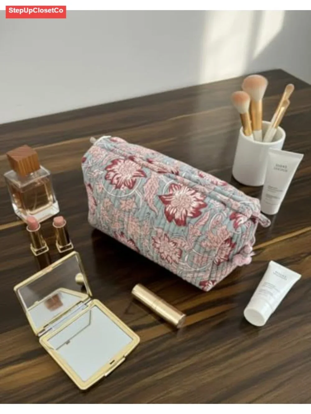 Handcrafted Cotton Quilted Toiletry Bag - Floral Makeup Organizer & Travel Pouch